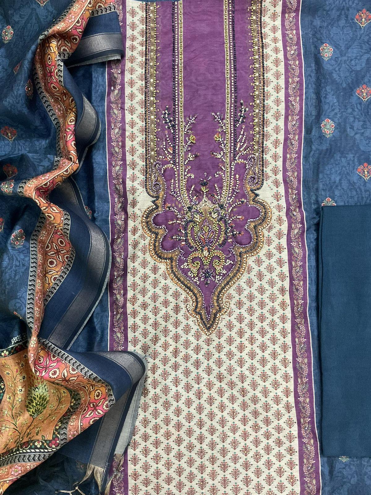 Soft Fine Kora Chanderi Printed Embroidered Suit - Blue