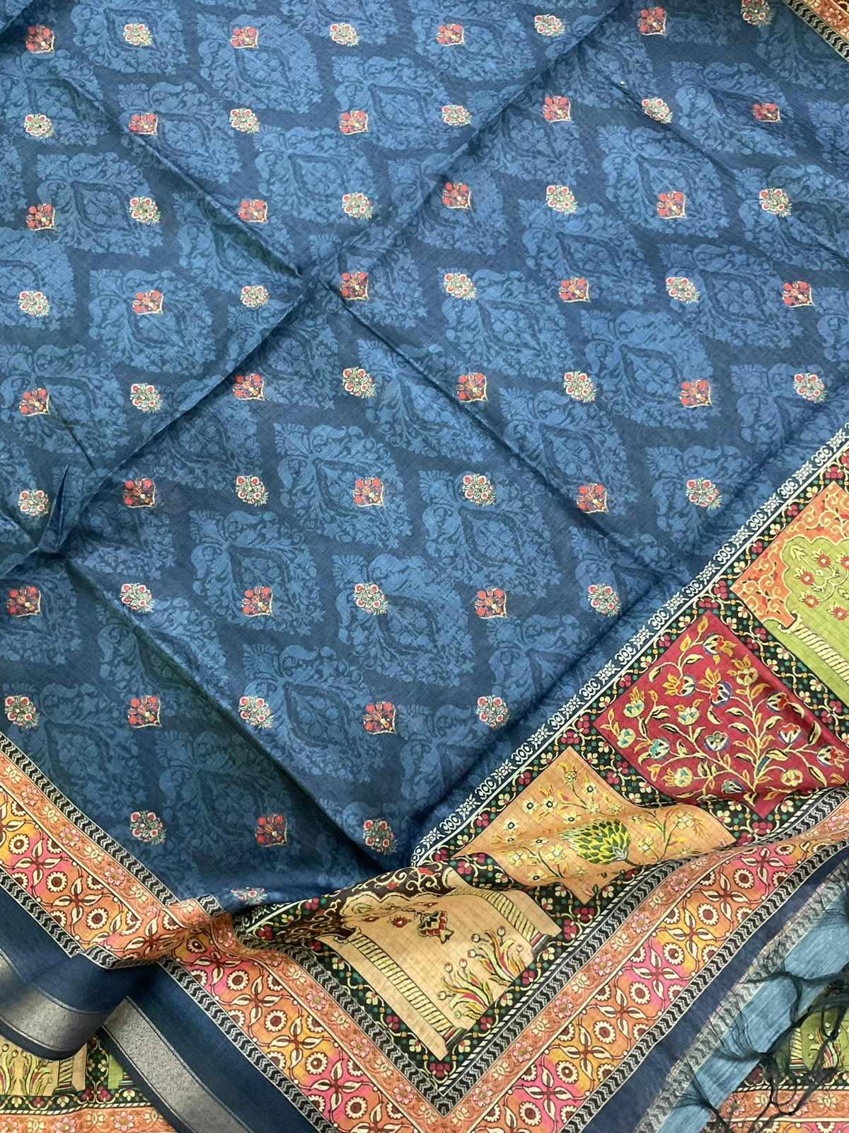 Soft Fine Kora Chanderi Printed Embroidered Suit - Blue