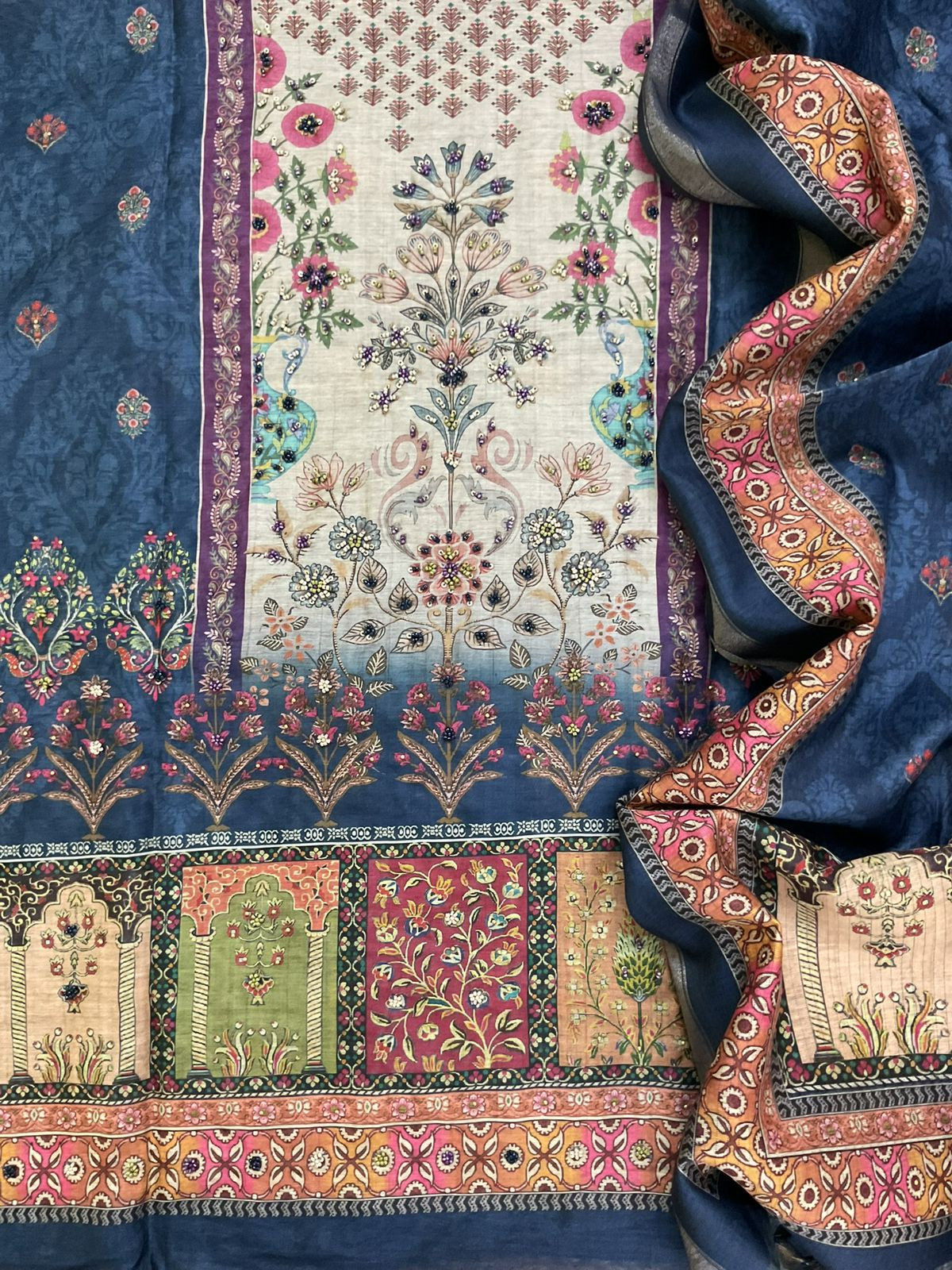 Soft Fine Kora Chanderi Printed Embroidered Suit - Blue