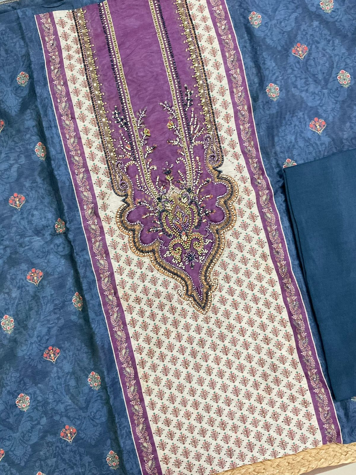 Soft Fine Kora Chanderi Printed Embroidered Suit - Blue