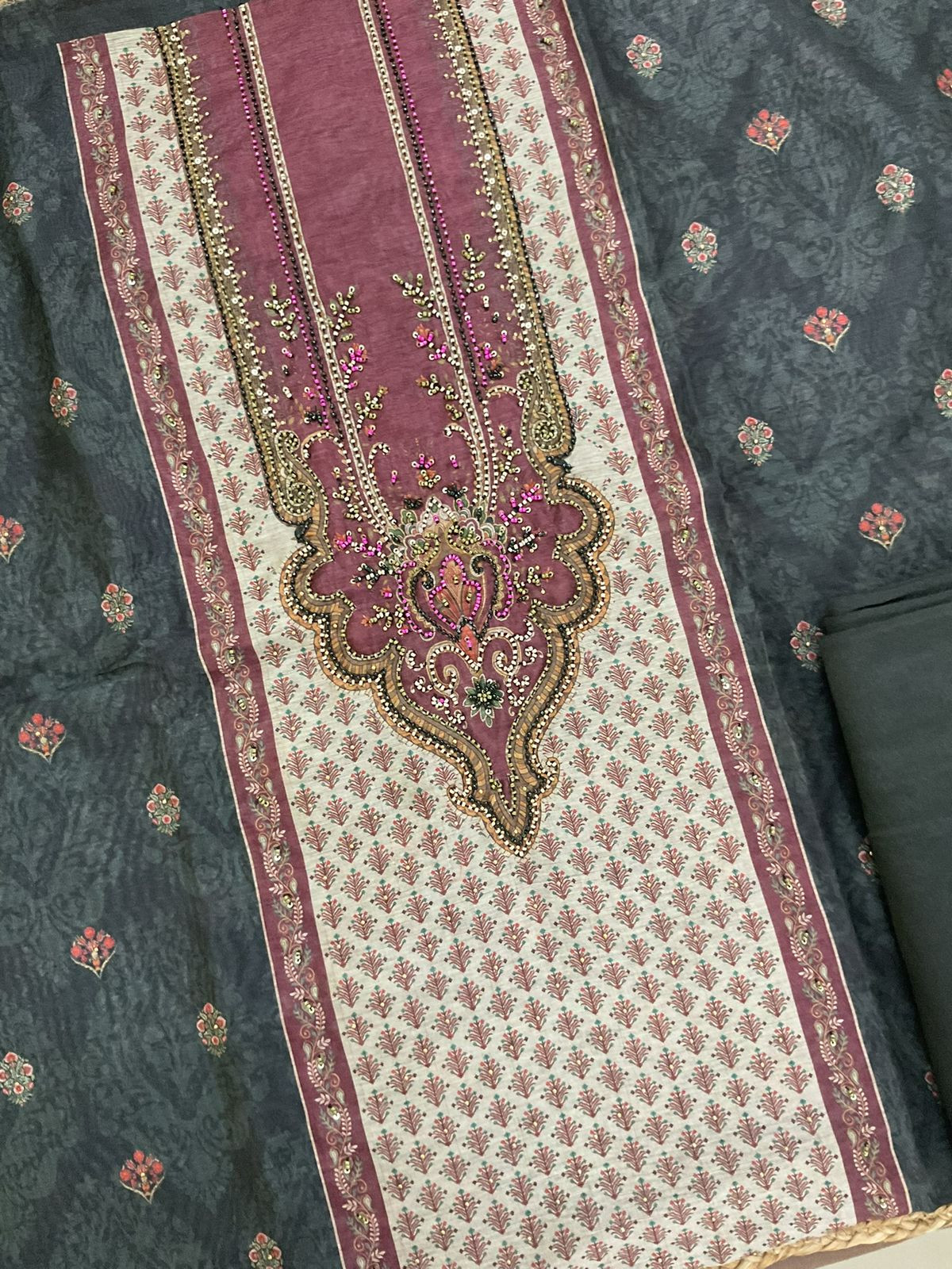 Soft Fine Kora Chanderi Printed Embroidered Suit - Greyish Black