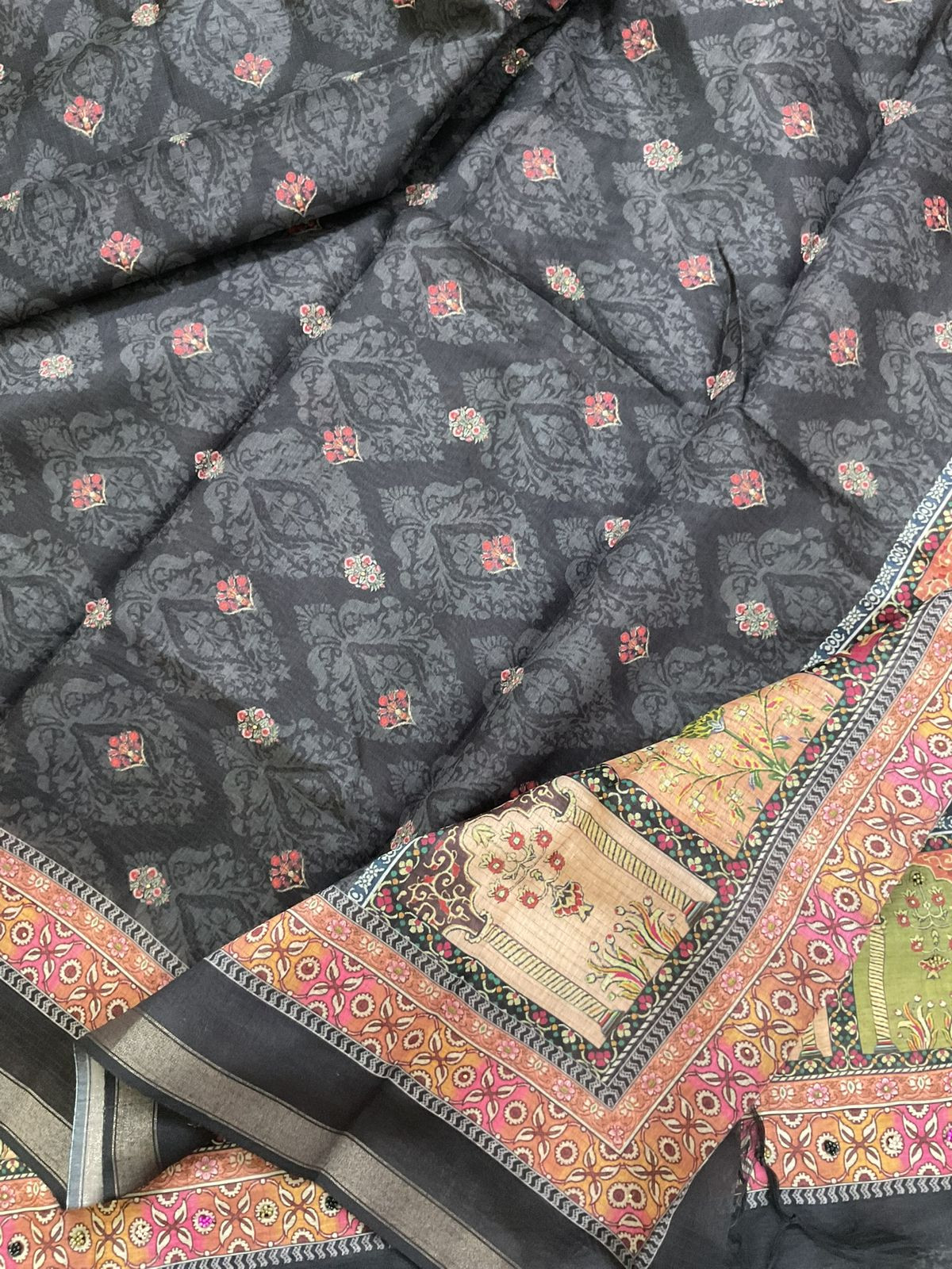 Soft Fine Kora Chanderi Printed Embroidered Suit - Greyish Black