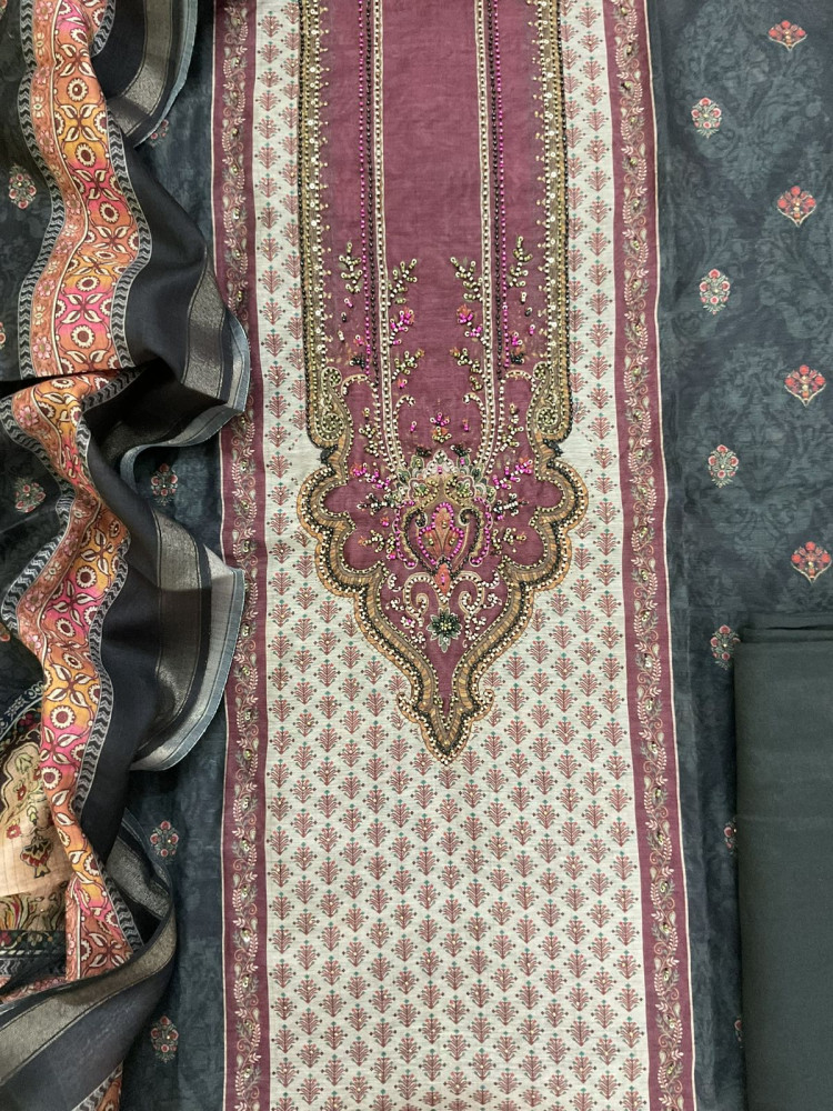 Image of Soft Fine Kora Chanderi Printed Embroidered Suit - Greyish Black