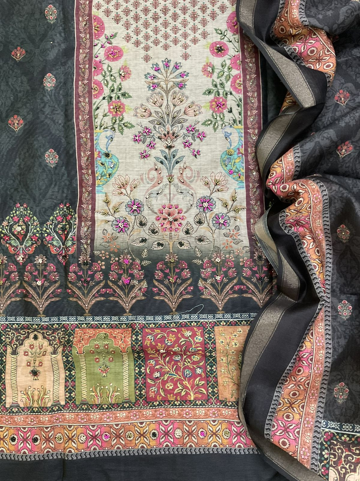Soft Fine Kora Chanderi Printed Embroidered Suit - Greyish Black