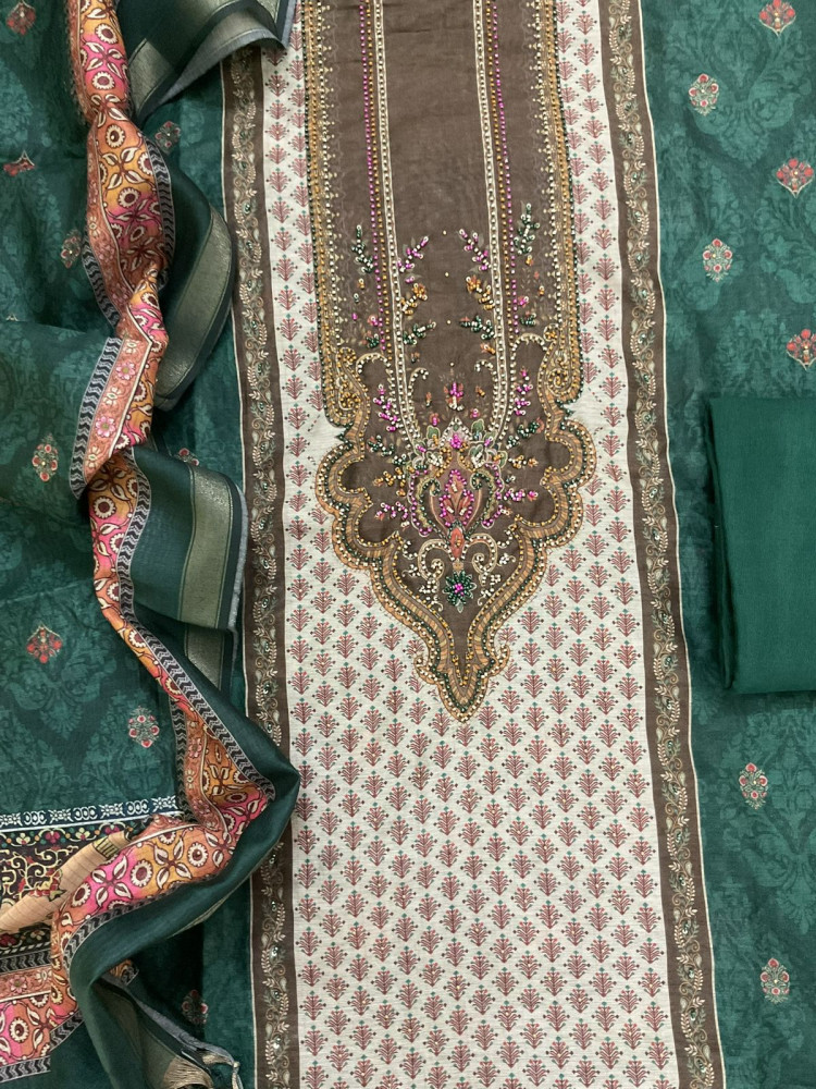 Image of Soft Fine Kora Chanderi Printed Embroidered Suit - Green
