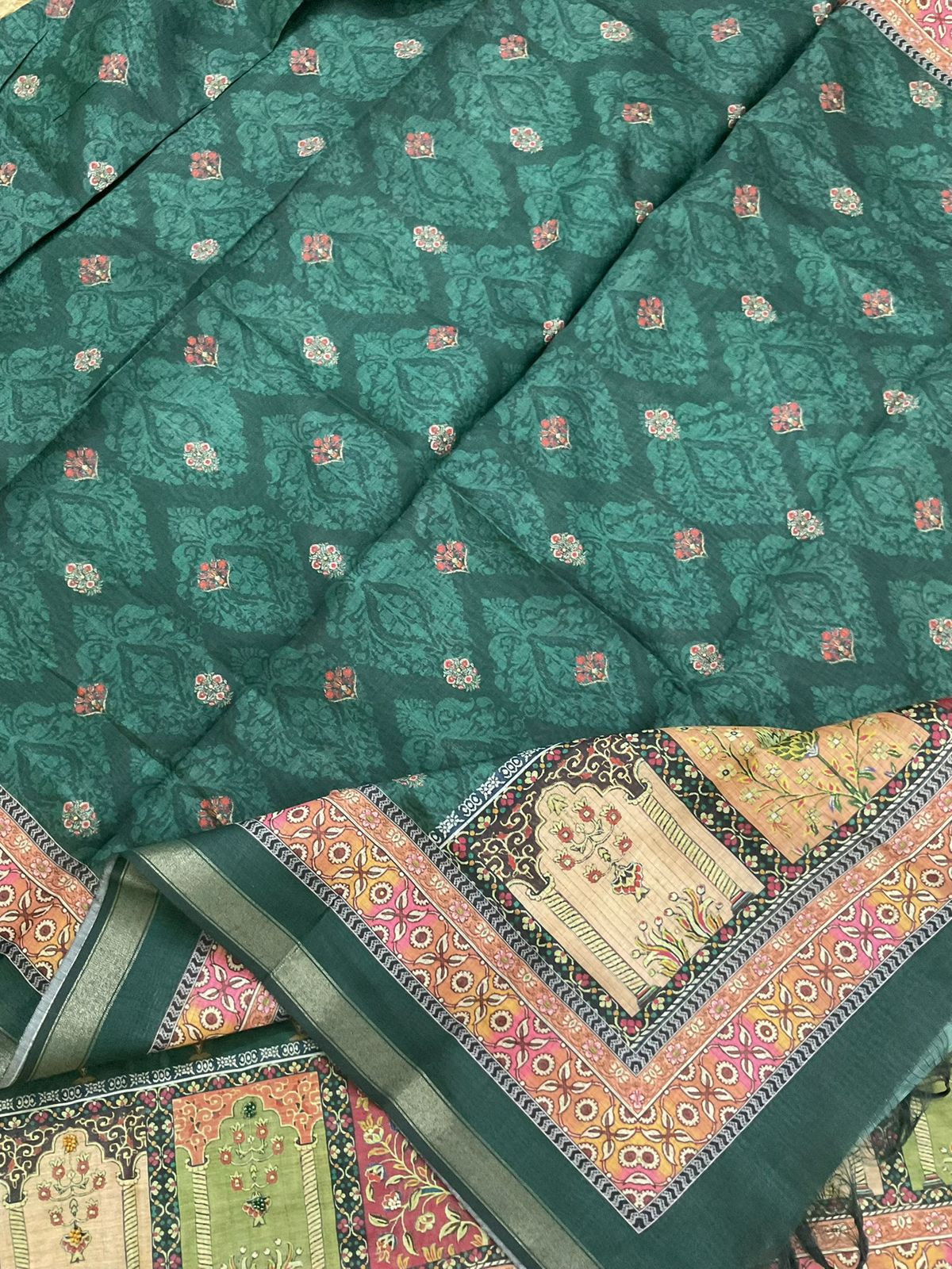 Soft Fine Kora Chanderi Printed Embroidered Suit - Green