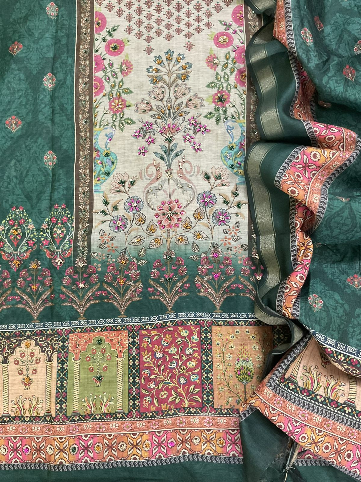 Soft Fine Kora Chanderi Printed Embroidered Suit - Green