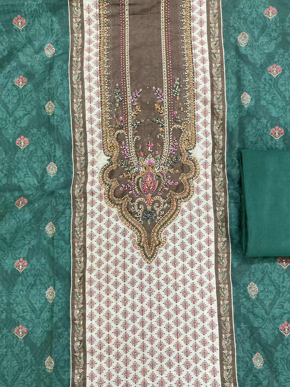 Soft Fine Kora Chanderi Printed Embroidered Suit - Green