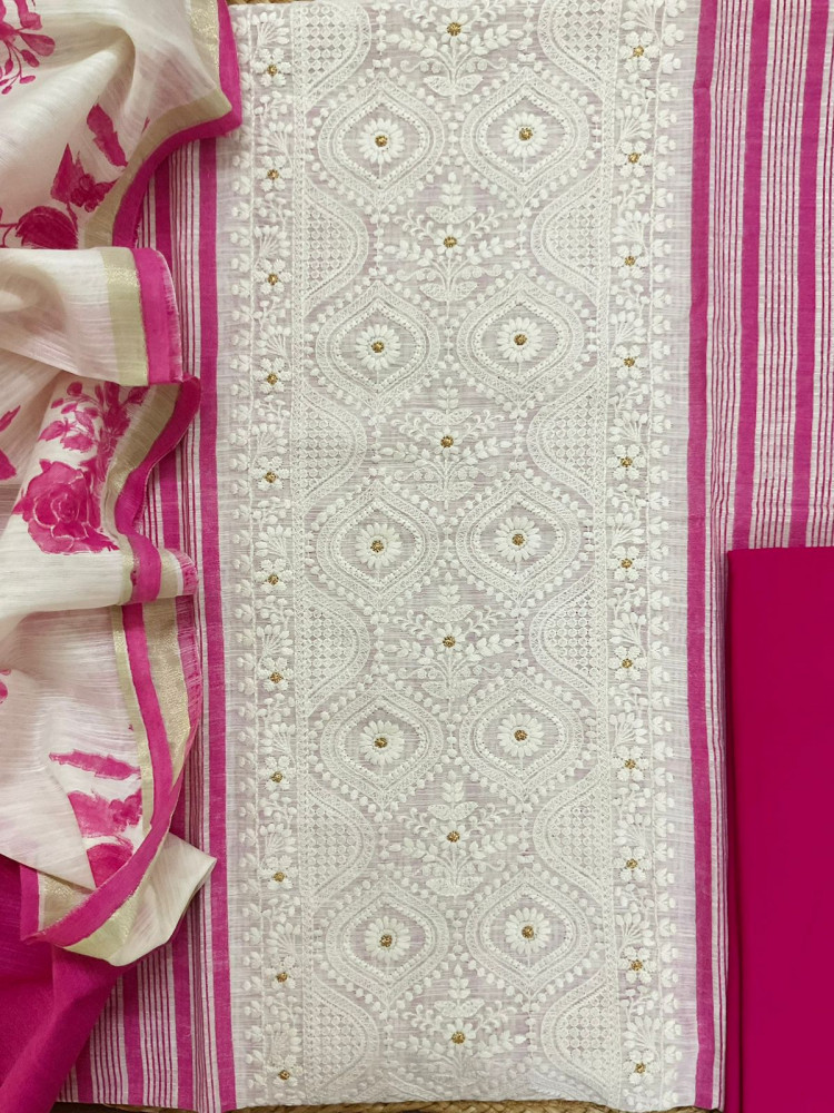 Image of Pure Slub Chanderi Printed Embroidered Suit - Pink