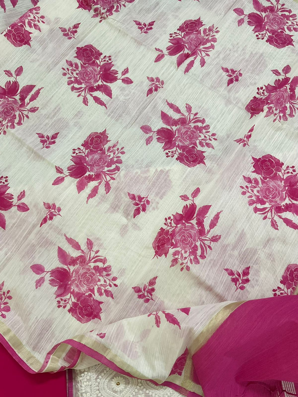 Pure Slub Chanderi Printed Embroidered Suit - Pink