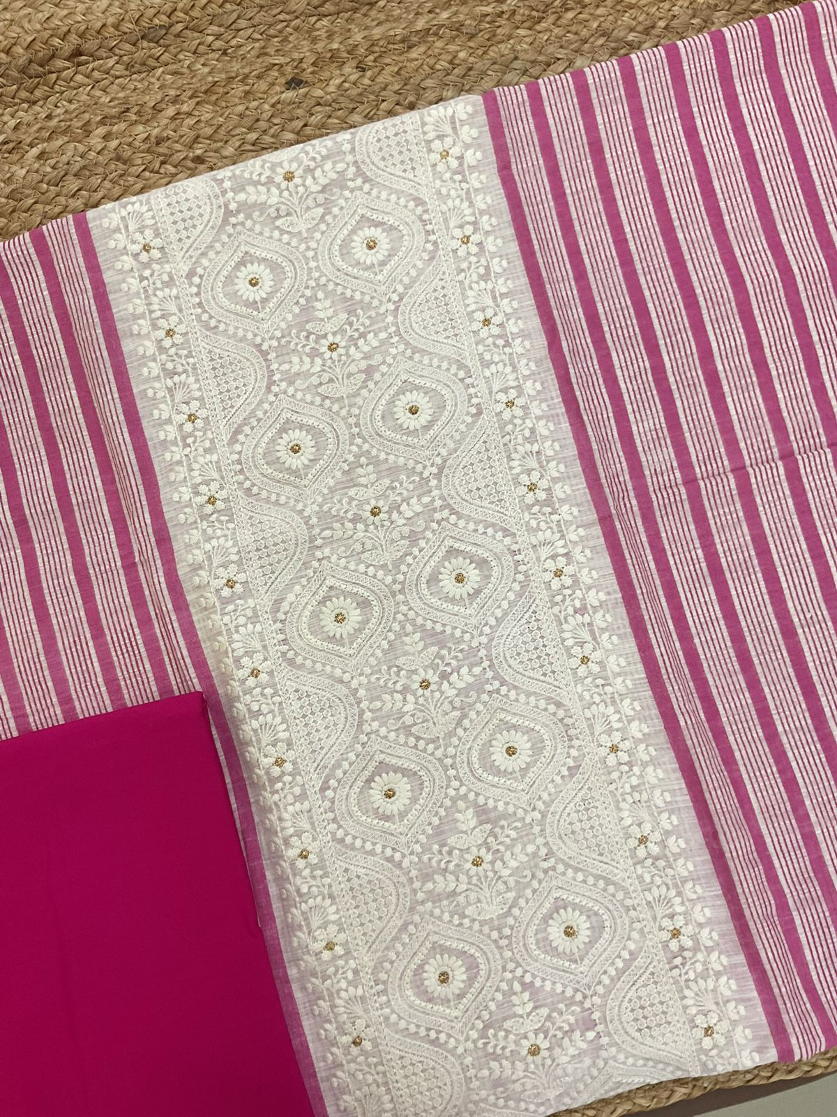 Pure Slub Chanderi Printed Embroidered Suit - Pink