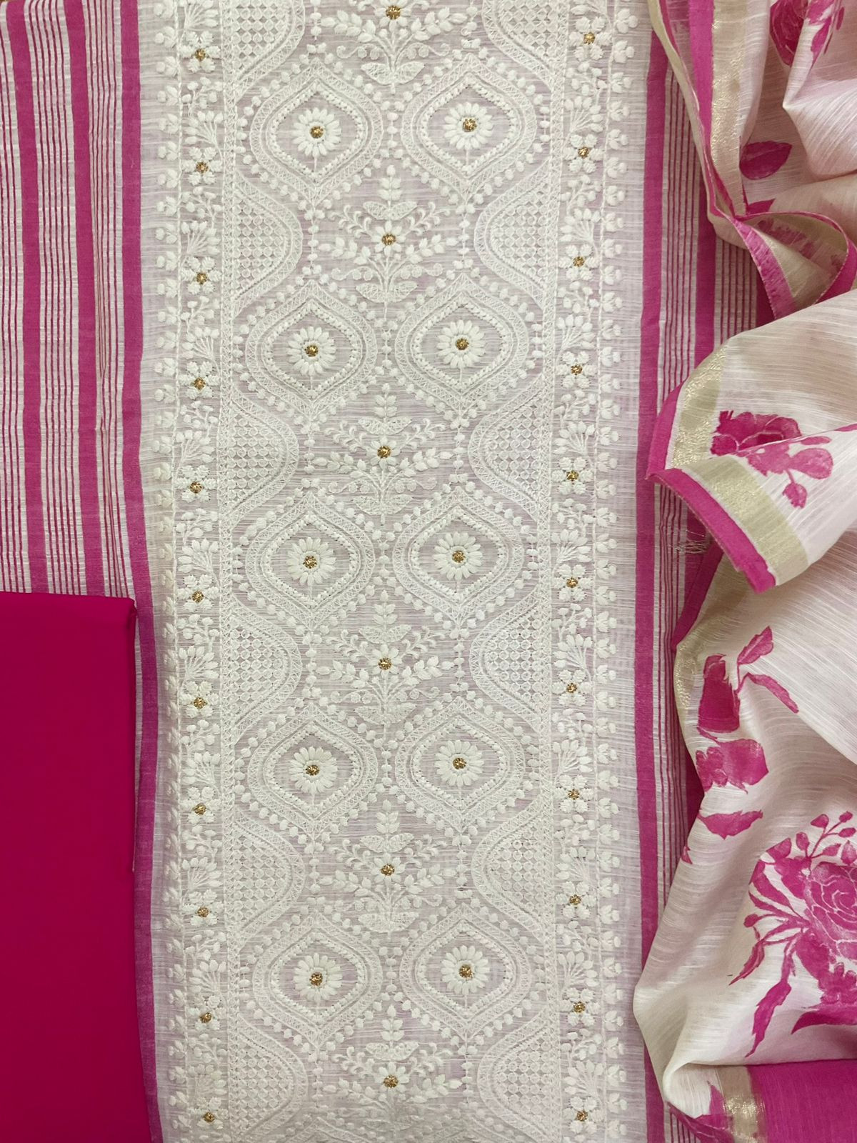 Pure Slub Chanderi Printed Embroidered Suit - Pink