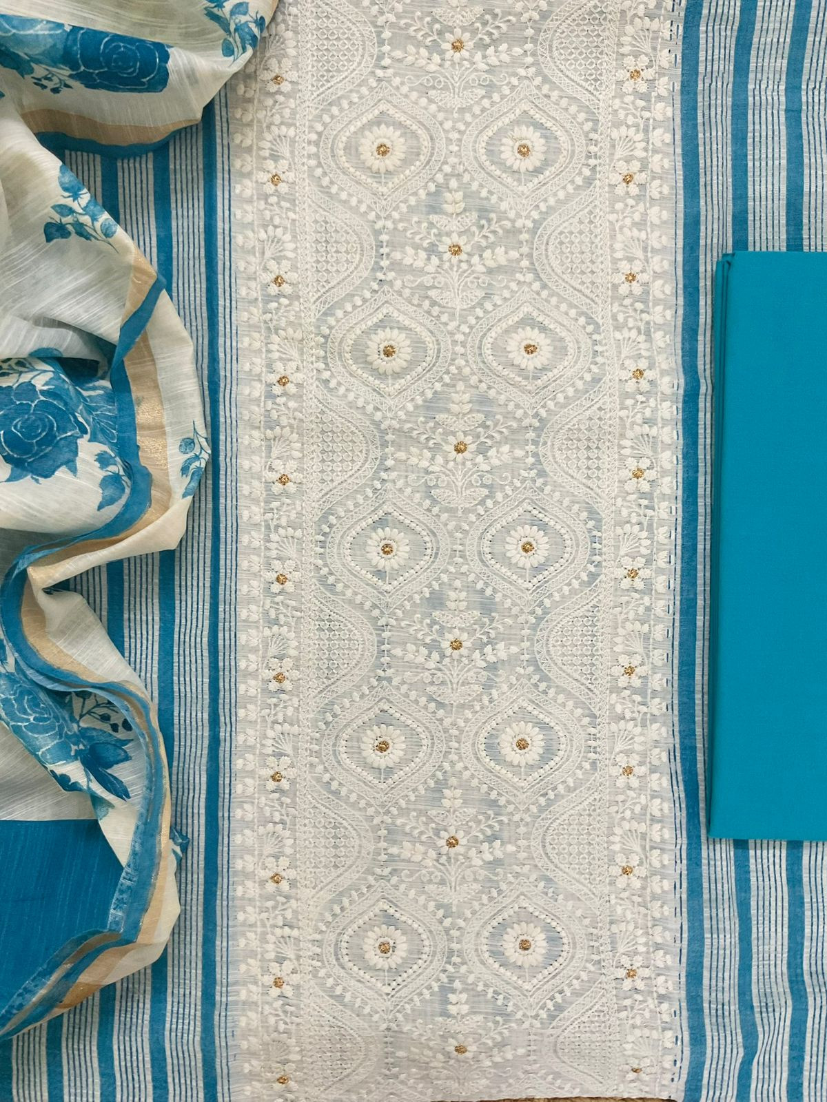 Pure Slub Chanderi Printed Embroidered Suit - Blue