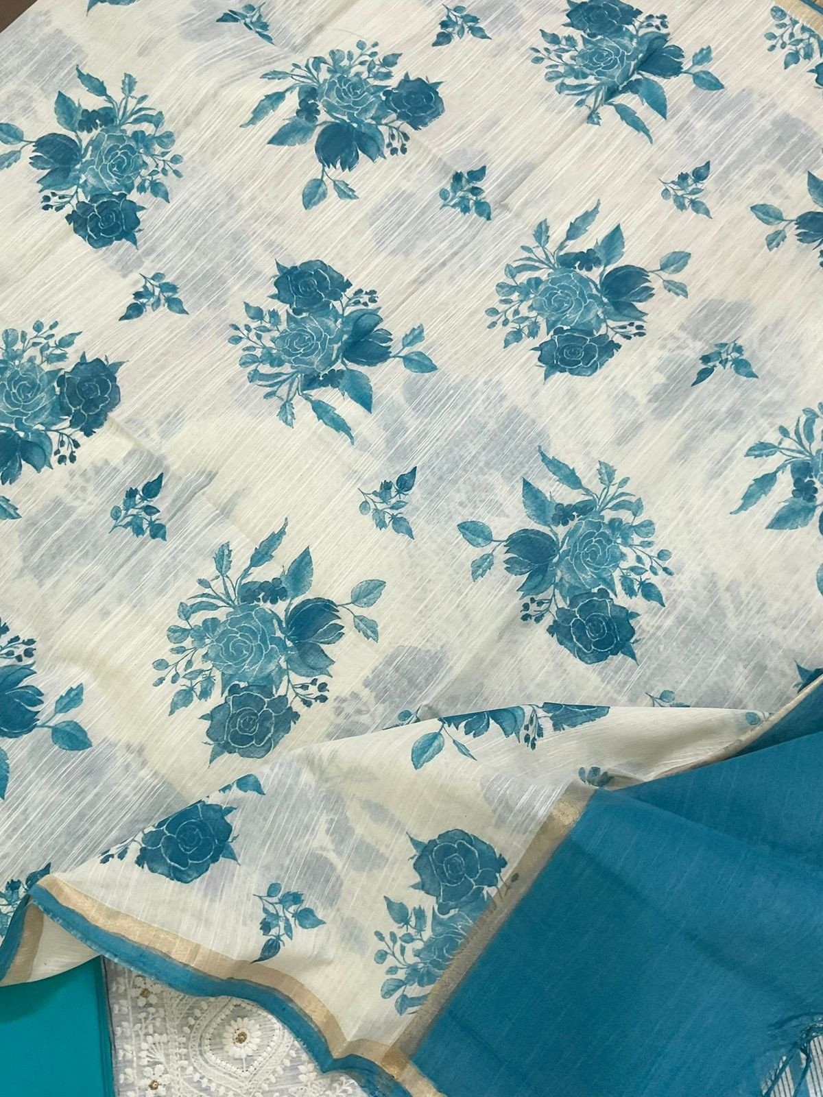 Pure Slub Chanderi Printed Embroidered Suit - Blue