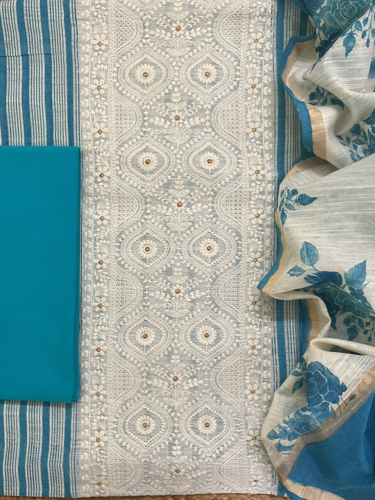 Pure Slub Chanderi Printed Embroidered Suit - Blue