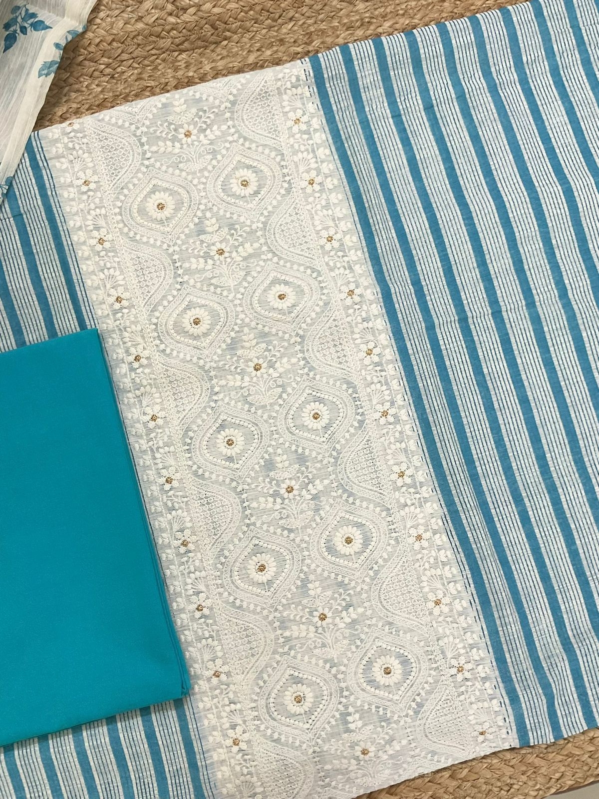 Pure Slub Chanderi Printed Embroidered Suit - Blue