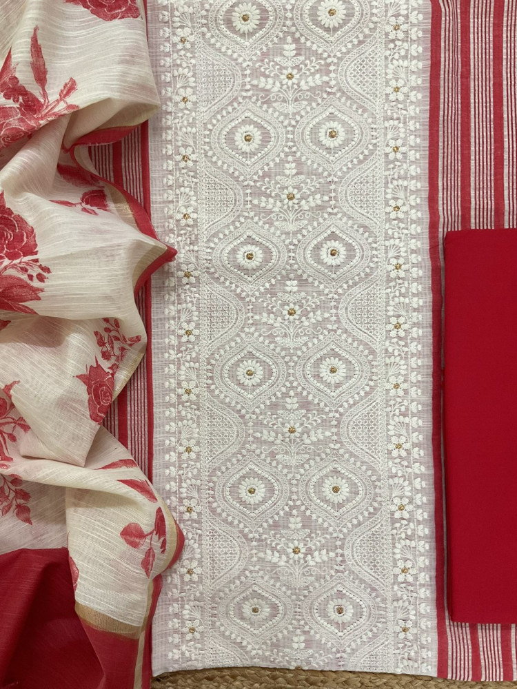 Image of Pure Slub Chanderi Printed Embroidered Suit - Red