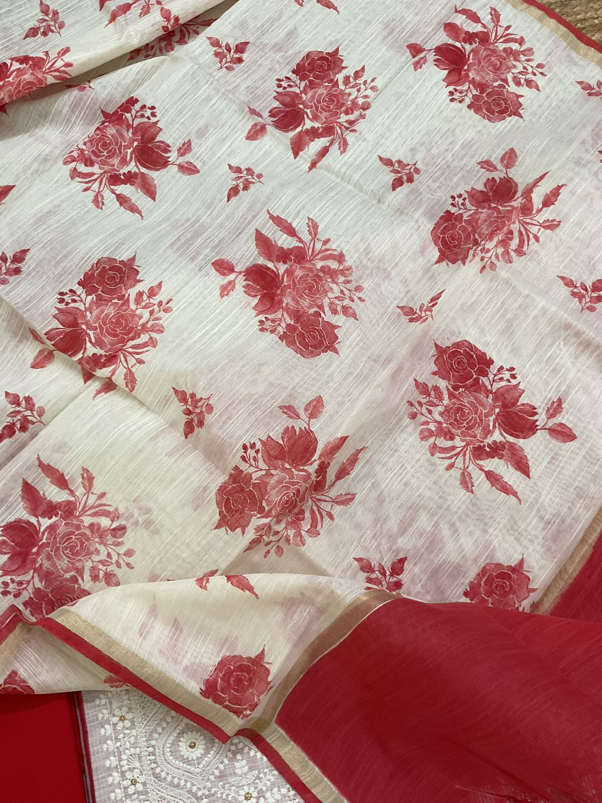 Pure Slub Chanderi Printed Embroidered Suit - Red