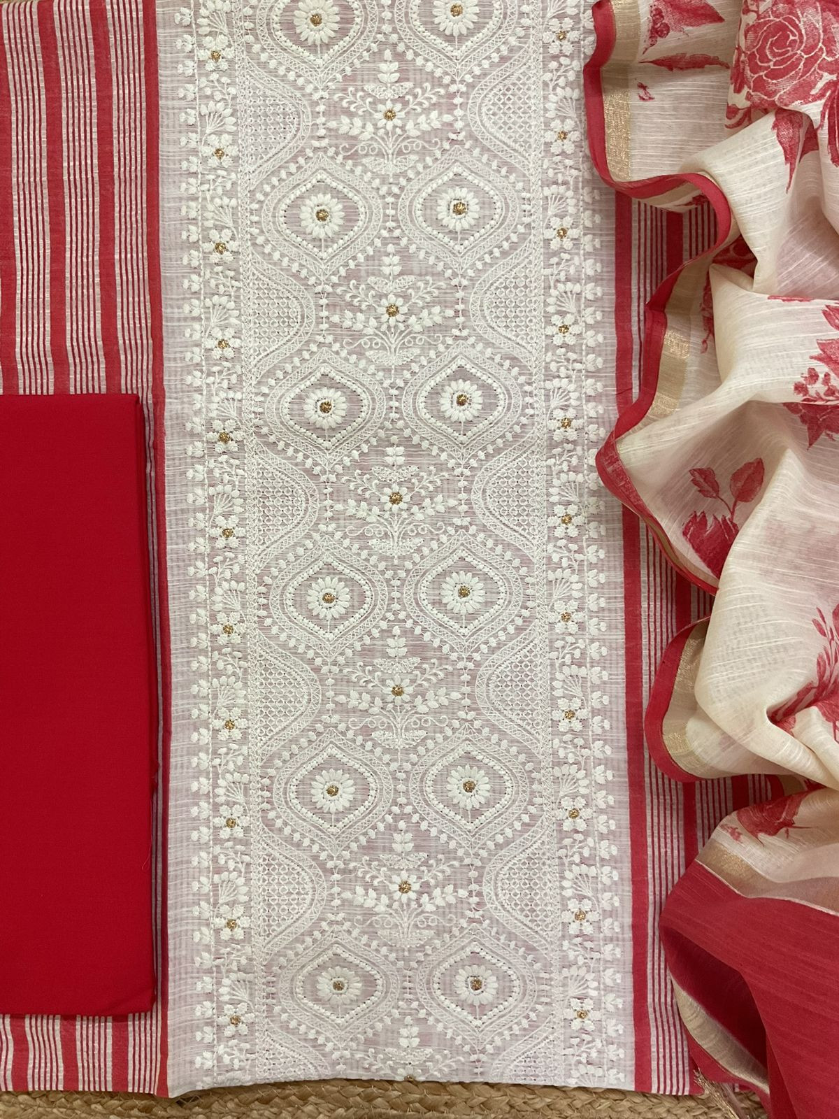 Pure Slub Chanderi Printed Embroidered Suit - Red