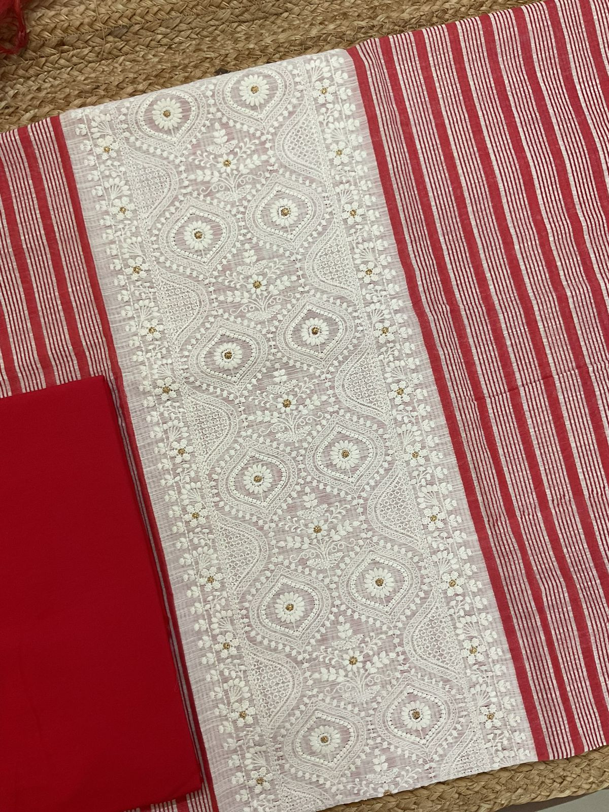 Pure Slub Chanderi Printed Embroidered Suit - Red