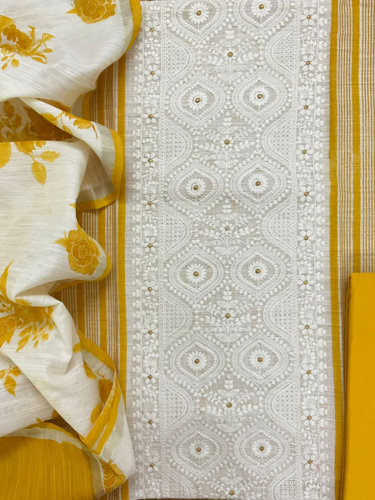 Image of Pure Slub Chanderi Printed Embroidered Suit - Yellow