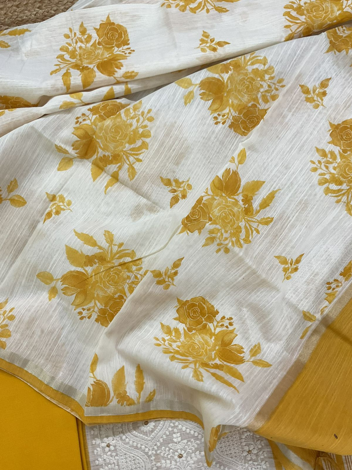Pure Slub Chanderi Printed Embroidered Suit - Yellow