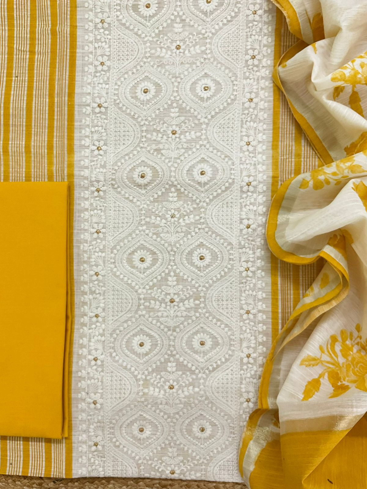 Pure Slub Chanderi Printed Embroidered Suit - Yellow