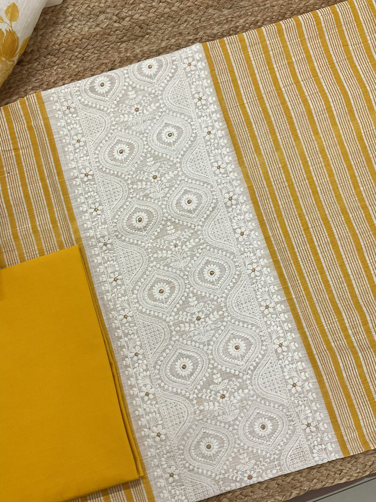 Pure Slub Chanderi Printed Embroidered Suit - Yellow