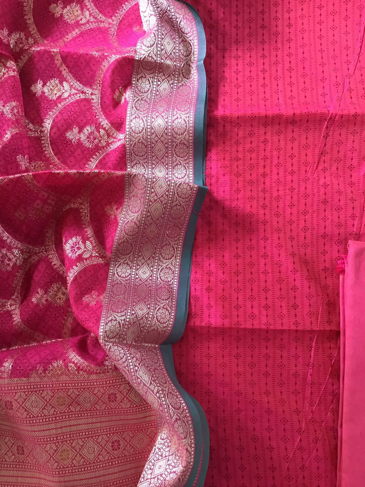 Soft Chanderi Printed Banarasi Weaved Suit - Pink