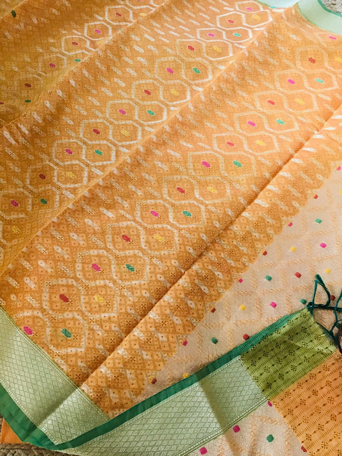 Soft Chanderi Printed Banarasi Weaved Suit - Orangish Yellow