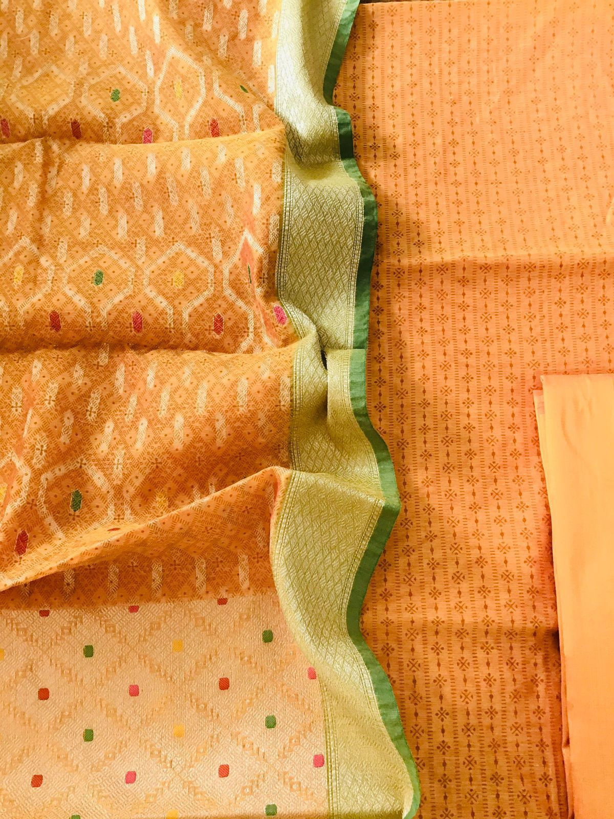 Soft Chanderi Printed Banarasi Weaved Suit - Orangish Yellow