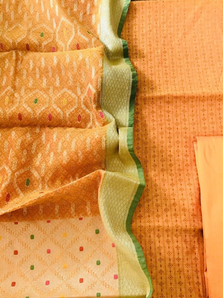 Image of Soft Chanderi Printed Banarasi Weaved Suit - Orangish Yellow