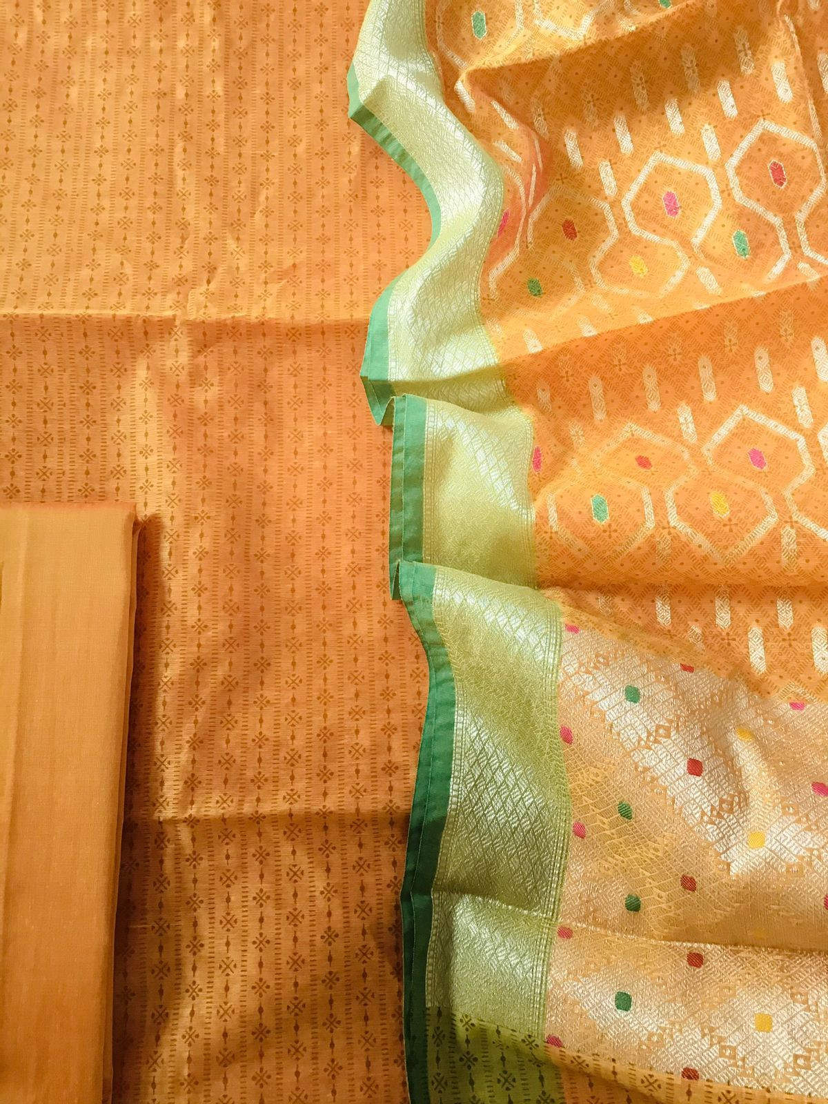 Soft Chanderi Printed Banarasi Weaved Suit - Orangish Yellow