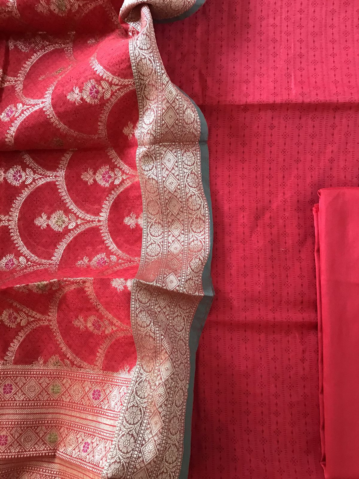 Soft Chanderi Printed Banarasi Weaved Suit - Red