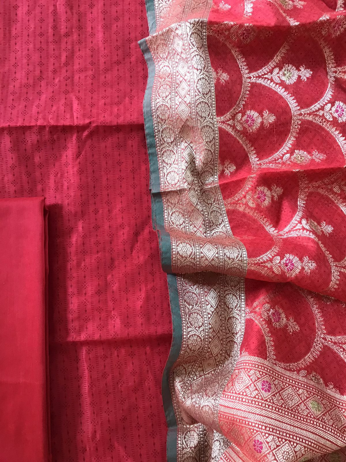 Soft Chanderi Printed Banarasi Weaved Suit - Red