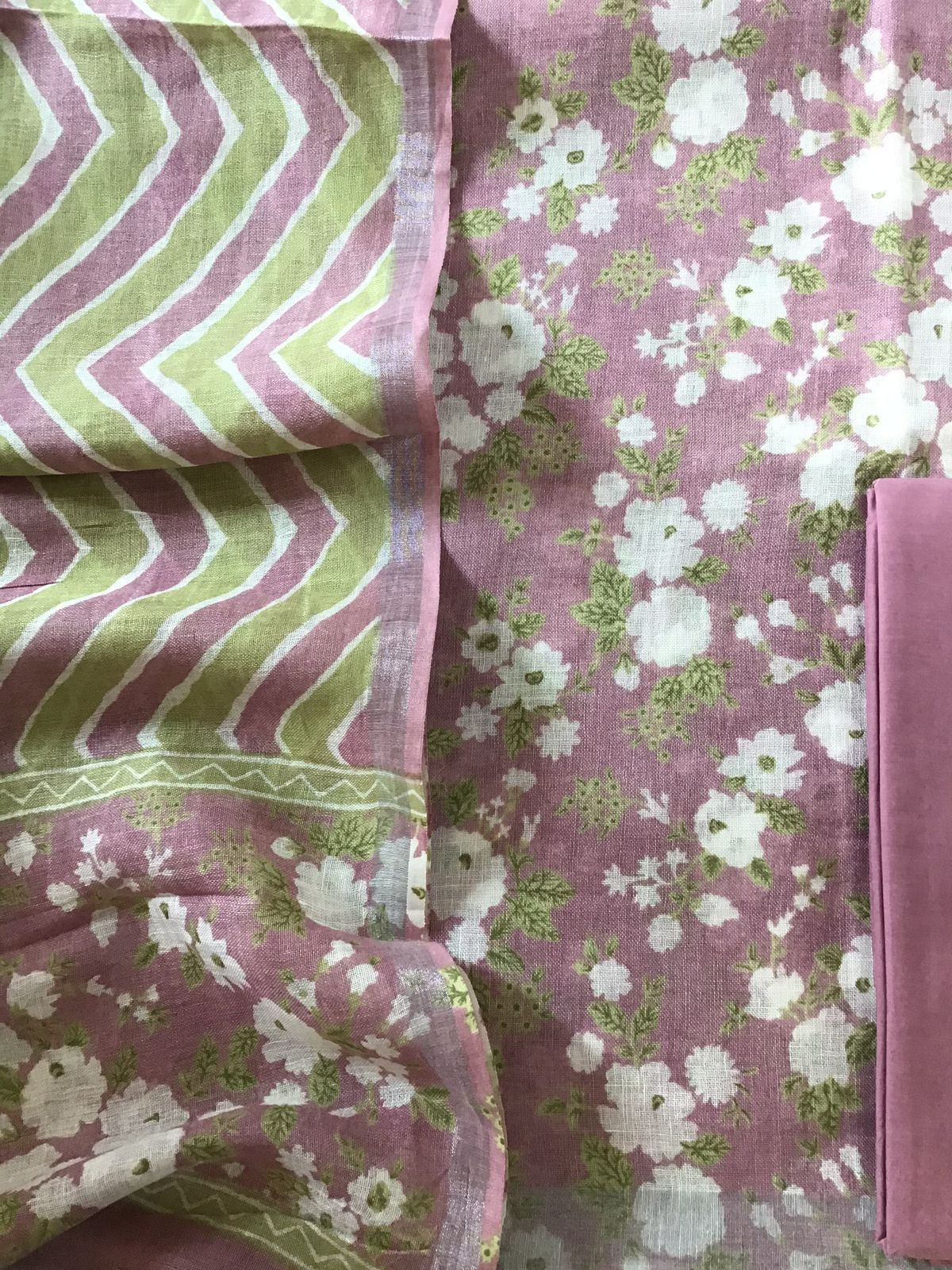 Pure Linen Jute Cotton Printed Suit - Onion Pink