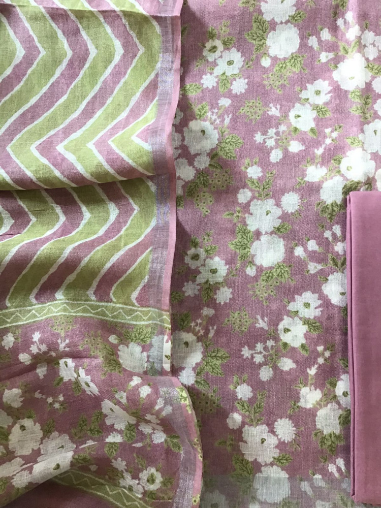 Image of Pure Linen Jute Cotton Printed Suit - Onion Pink