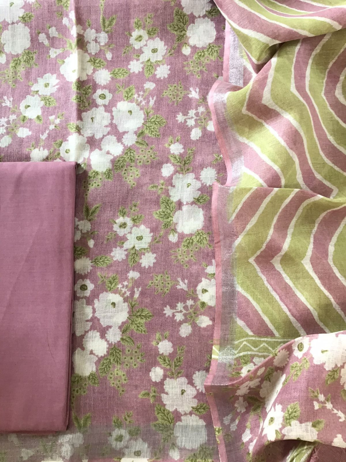 Pure Linen Jute Cotton Printed Suit - Onion Pink