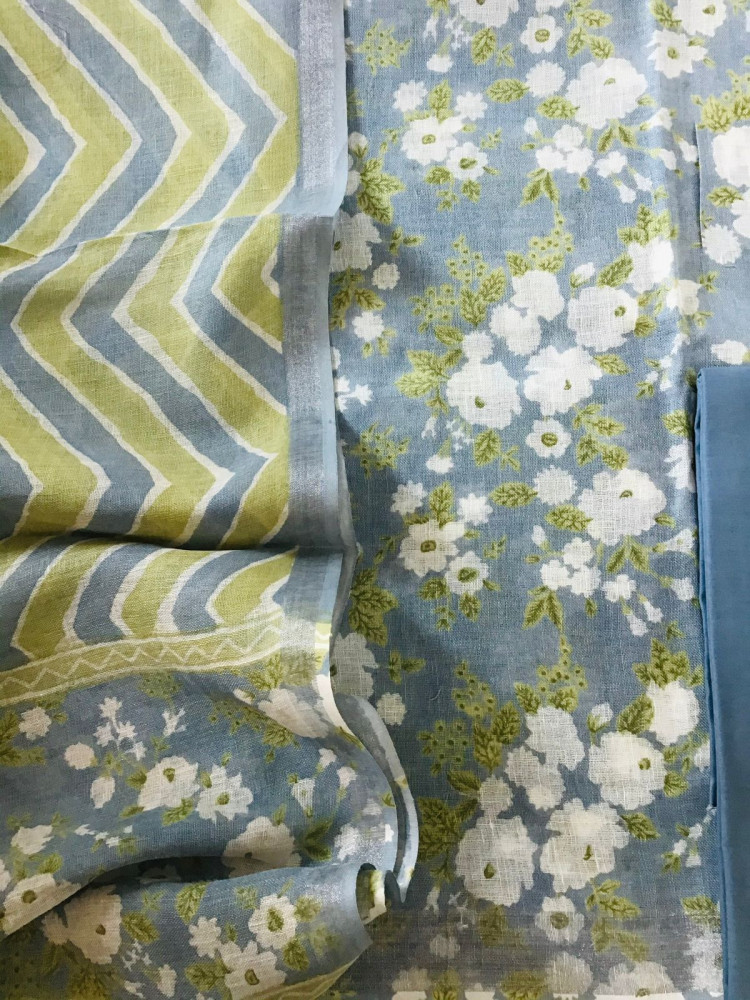 Image of Pure Linen Jute Cotton Printed Suit - Blue