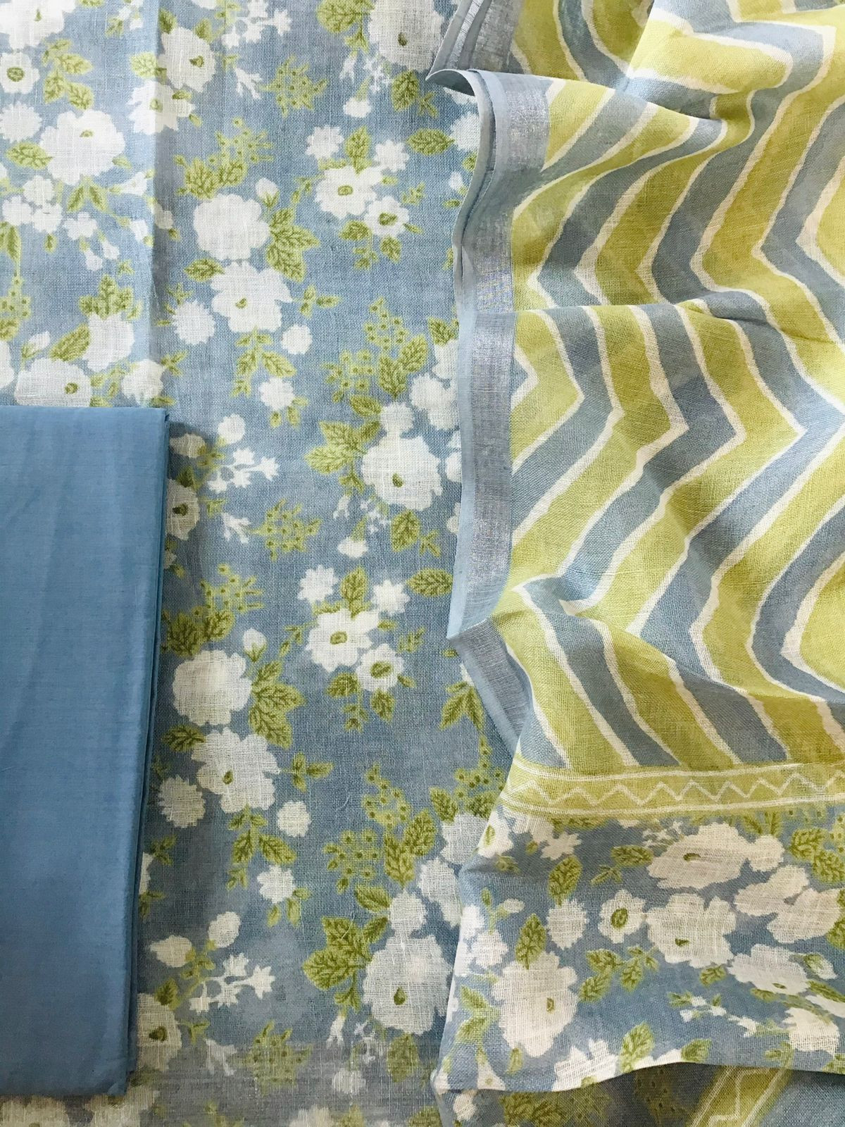 Pure Linen Jute Cotton Printed Suit - Blue