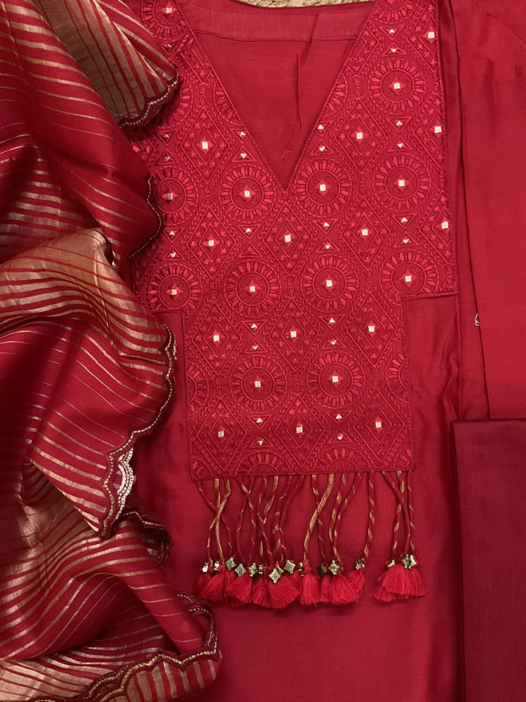 Image of Pure Chanderi Embroidered Tissue Suit - Red