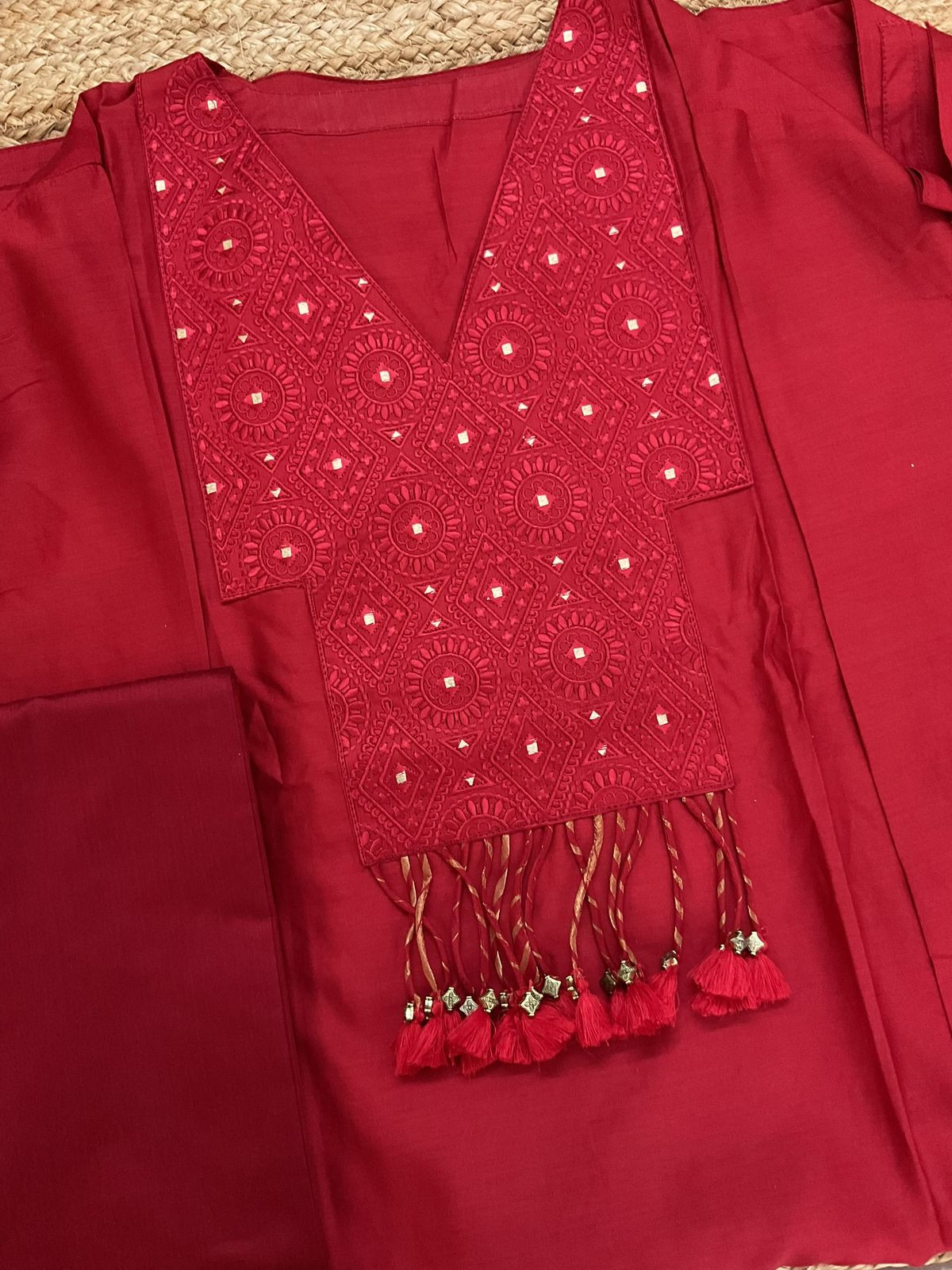 Pure Chanderi Embroidered Tissue Suit - Red