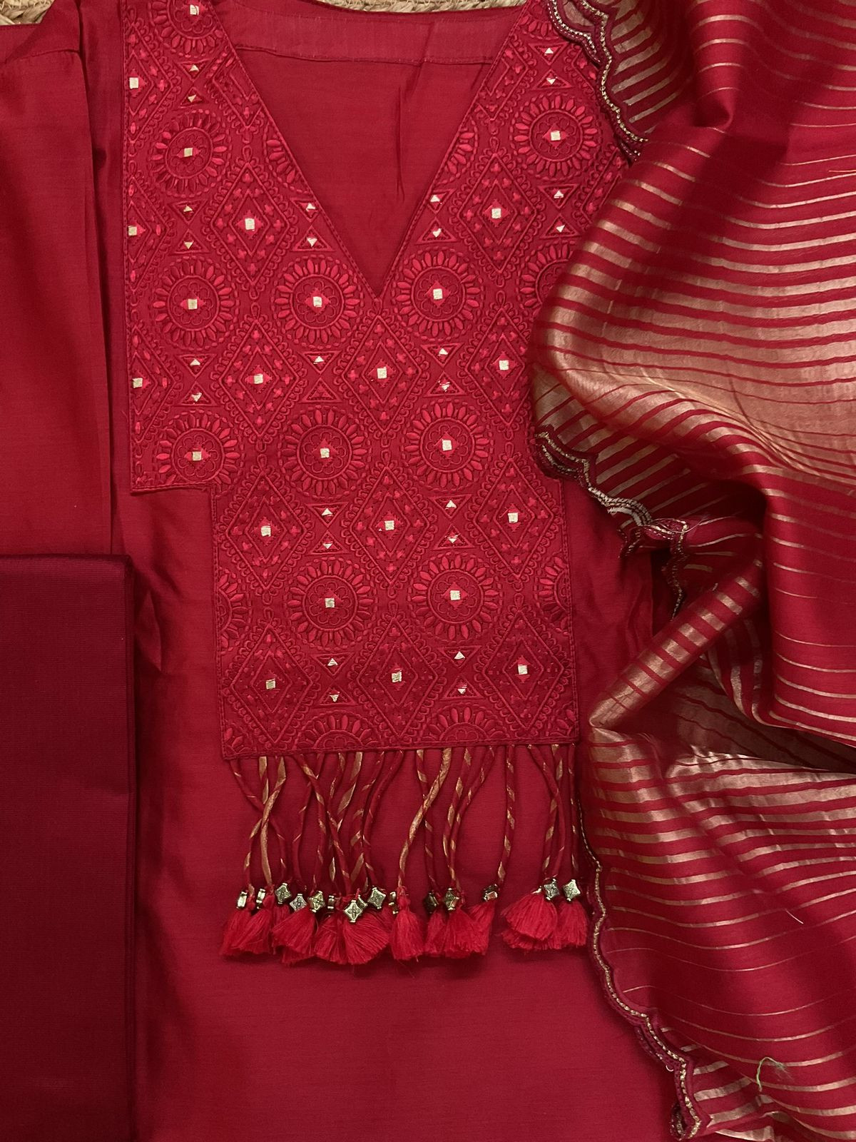 Pure Chanderi Embroidered Tissue Suit - Red