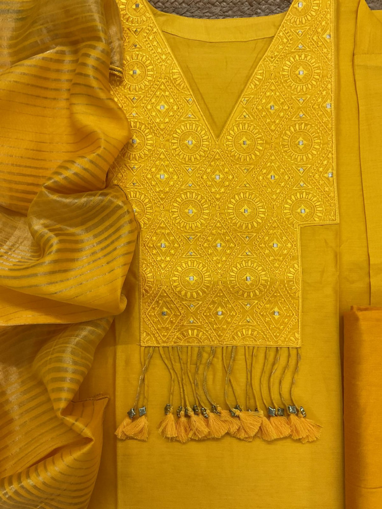 Image of Pure Chanderi Embroidered Tissue Suit - Yellow
