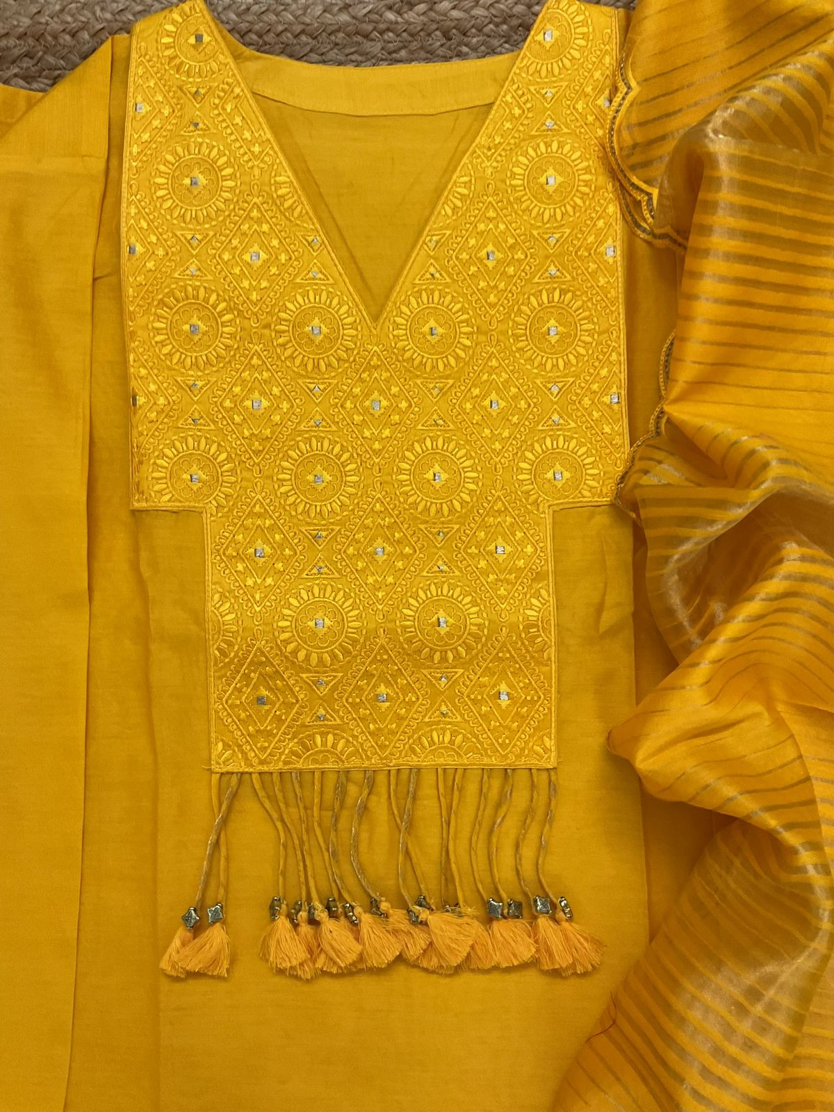 Pure Chanderi Embroidered Tissue Suit - Yellow