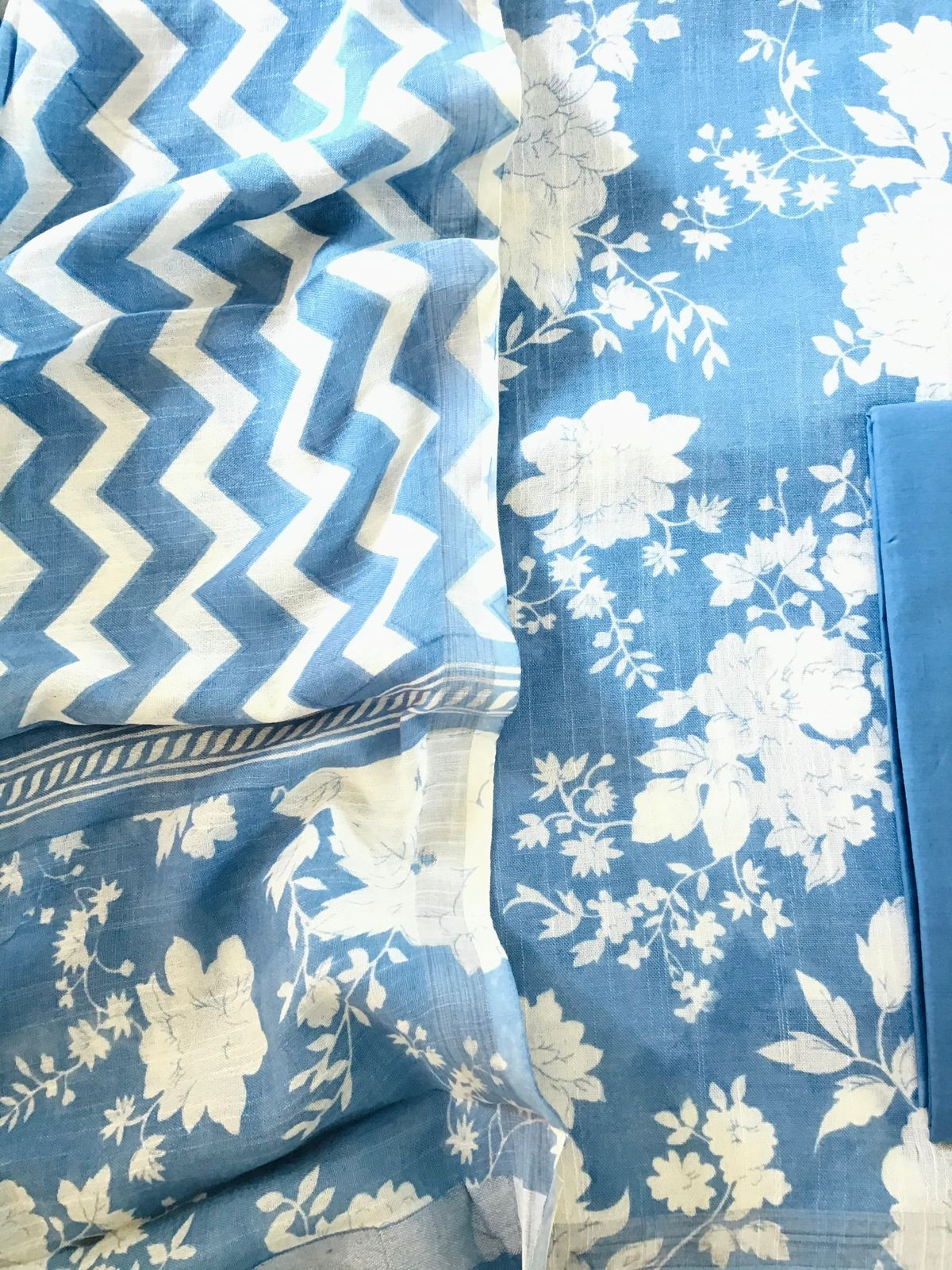 Pure Linen Jute Cotton Printed Suit - Blue