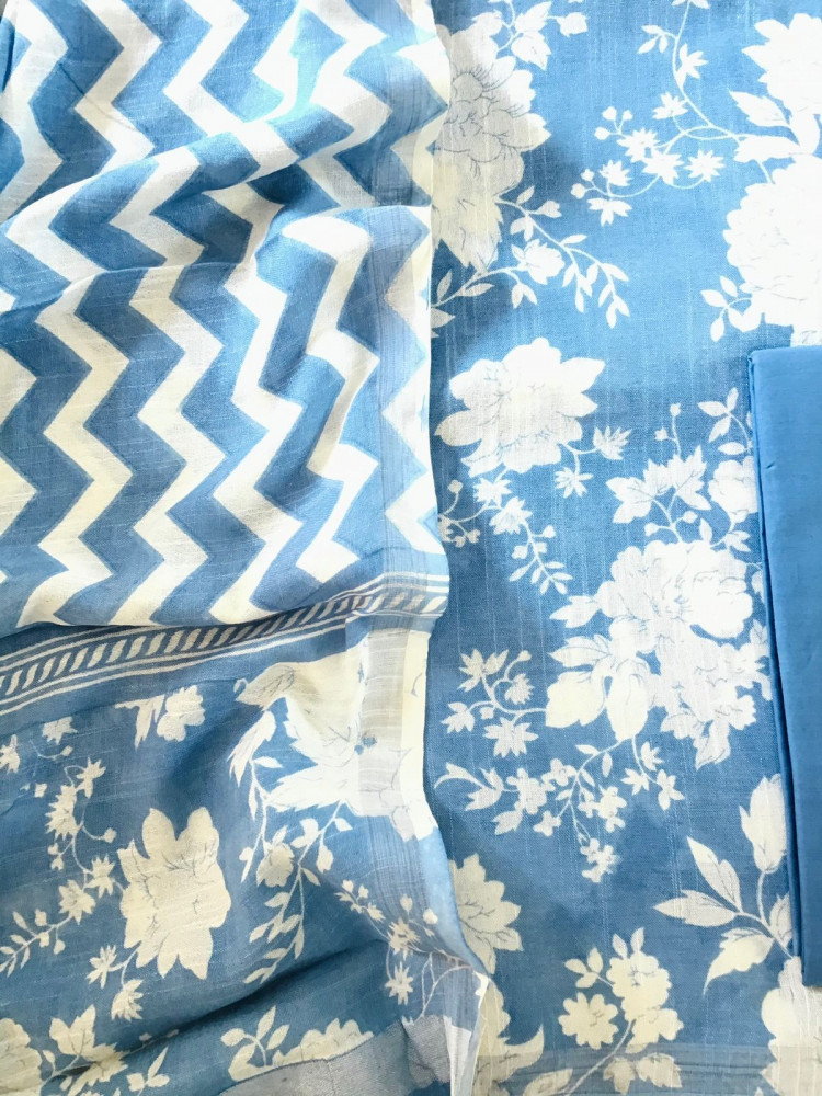 Image of Pure Linen Jute Cotton Printed Suit - Blue