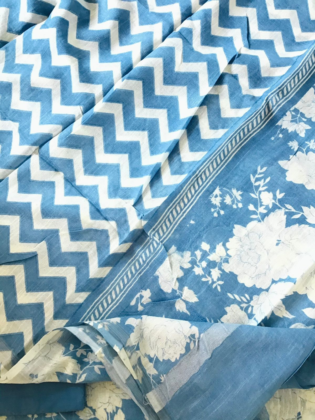 Pure Linen Jute Cotton Printed Suit - Blue