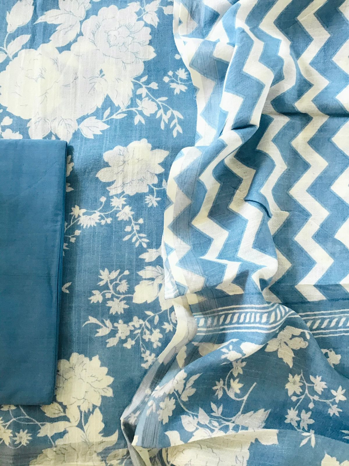 Pure Linen Jute Cotton Printed Suit - Blue