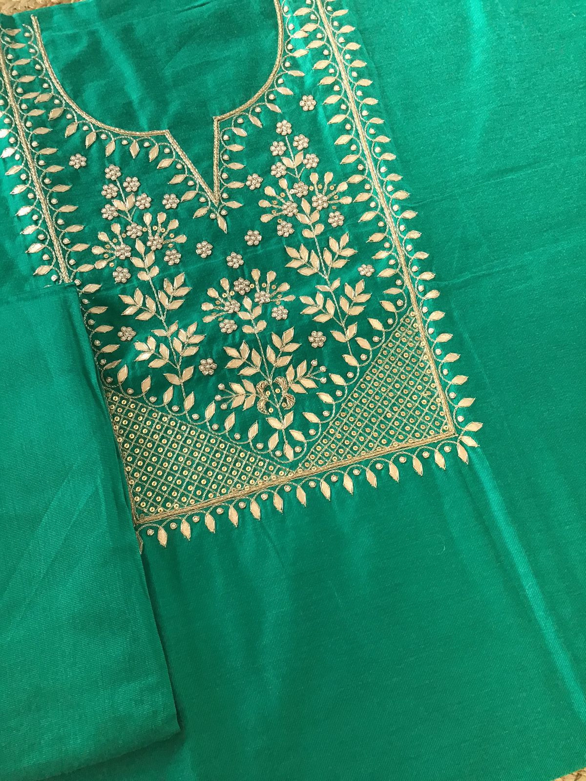 Pure Cotton Silk Banarasi Weaved Embroidered Suit - Green